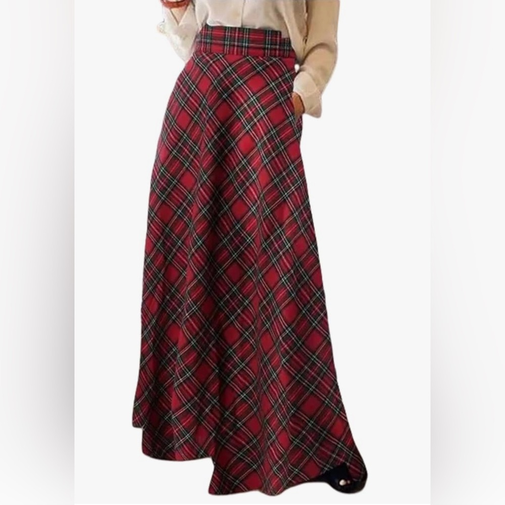 Tartan Plaid Maxi Skirt M Pleats Classic Holiday Party Preppy Academia Hi waist